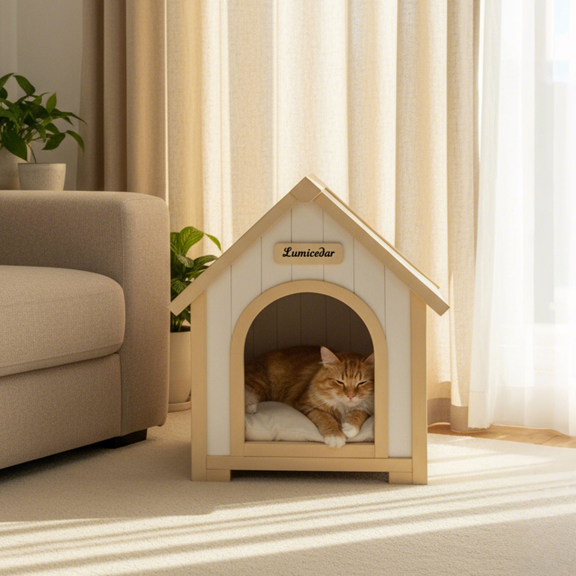 Indoor dog house with cushion for small dogs and cats in creamy white and yellow, cat inside on Tampa Home & Garden Store