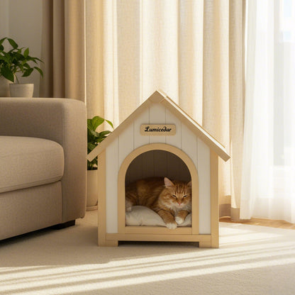 Indoor dog house with cushion for small dogs and cats in creamy white and yellow, cat inside on Tampa Home & Garden Store