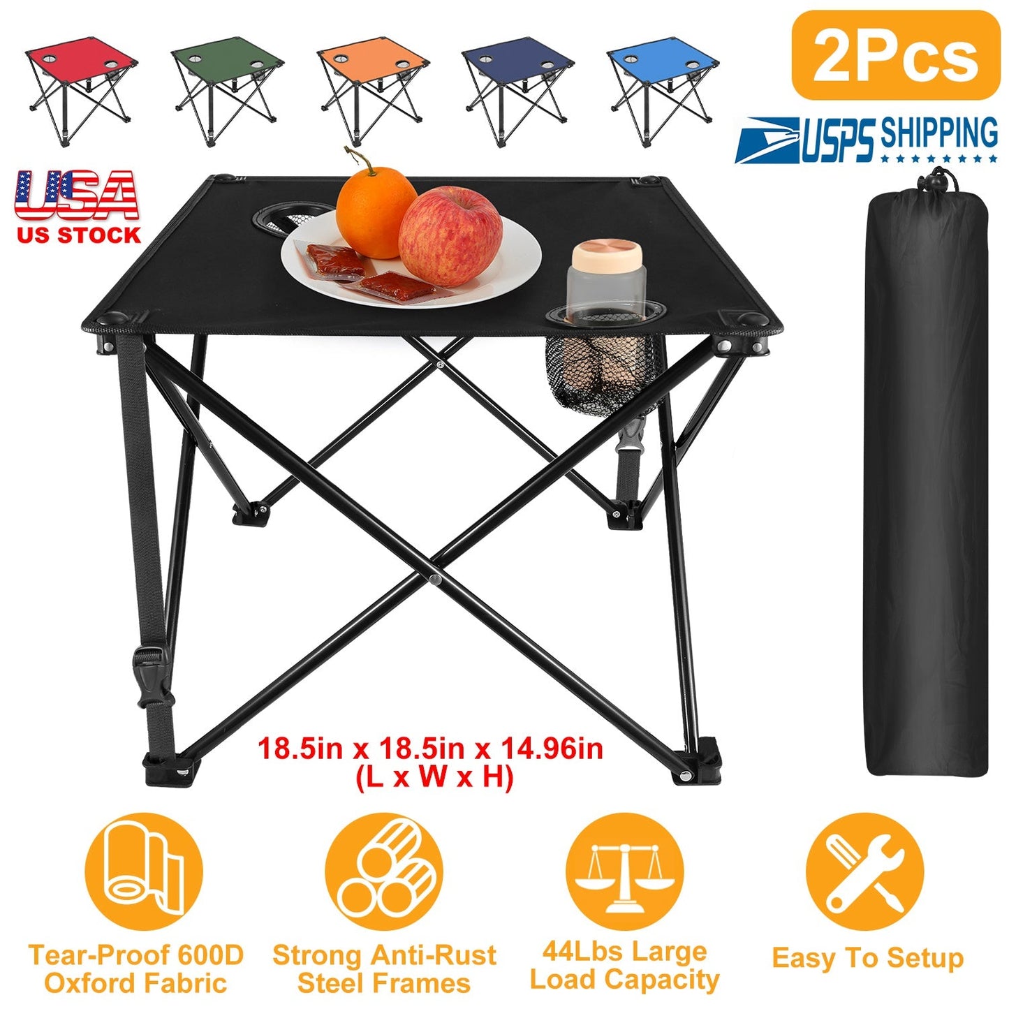 GemGear 2-Piece foldable camping table with 2 cup holders, black steel frame and carrying bag on Tampa Home & Garden Store