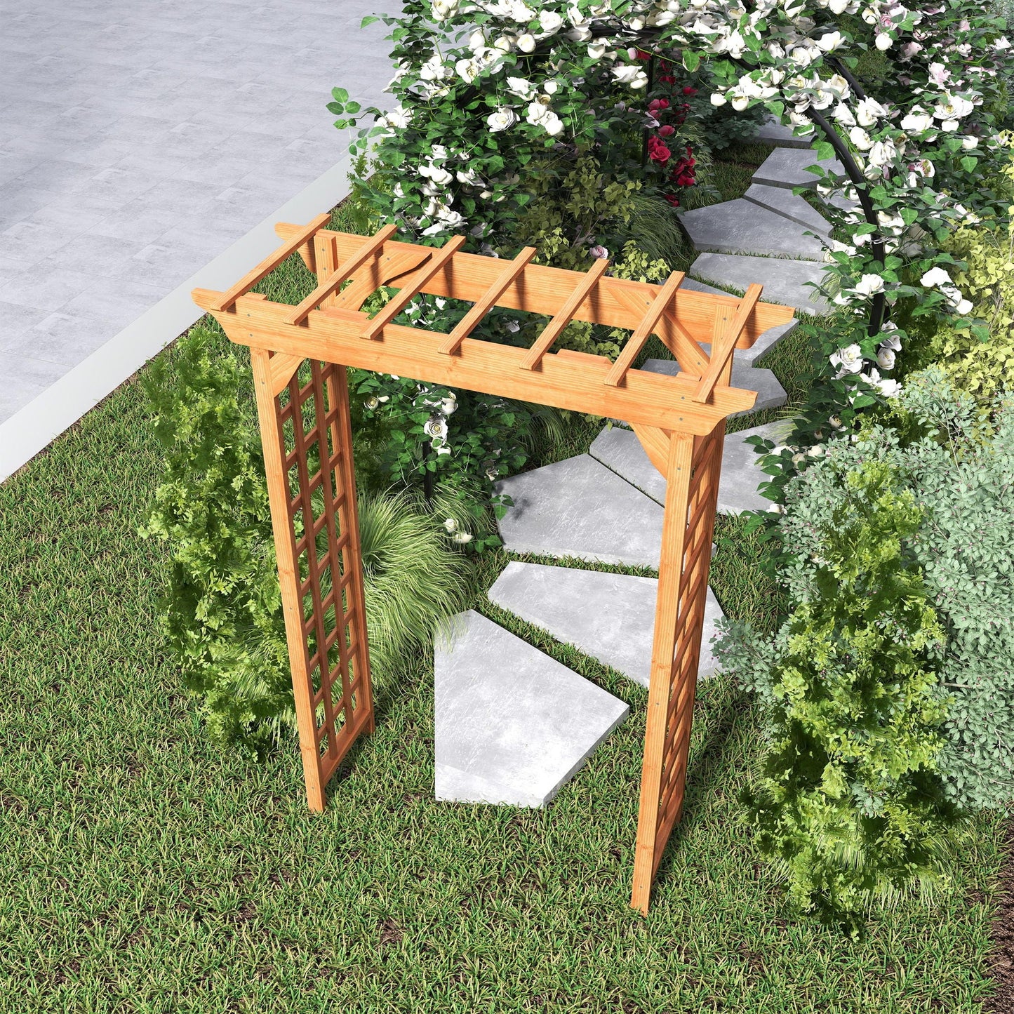 Yellow wooden arbor wedding arch with lattice trellis, climbing greenery and white roses on Tampa Home & Garden Store