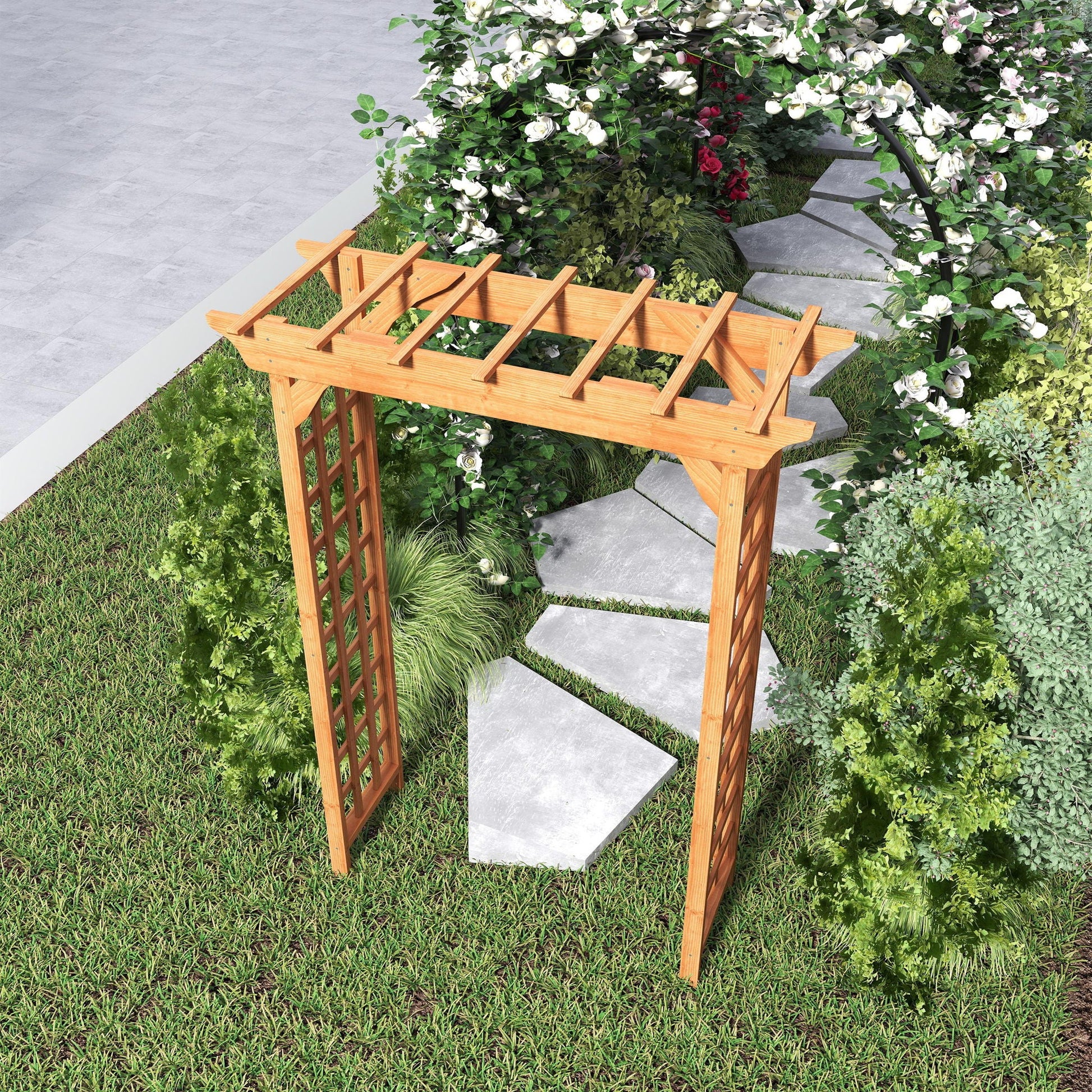 Yellow wooden arbor wedding arch with lattice trellis, climbing greenery and white roses on Tampa Home & Garden Store