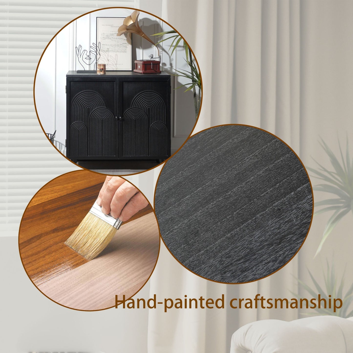 Modern black wood storage cabinet with embossed doors, topped with framed art, candle, and plant on Tampa Home & Garden Store
