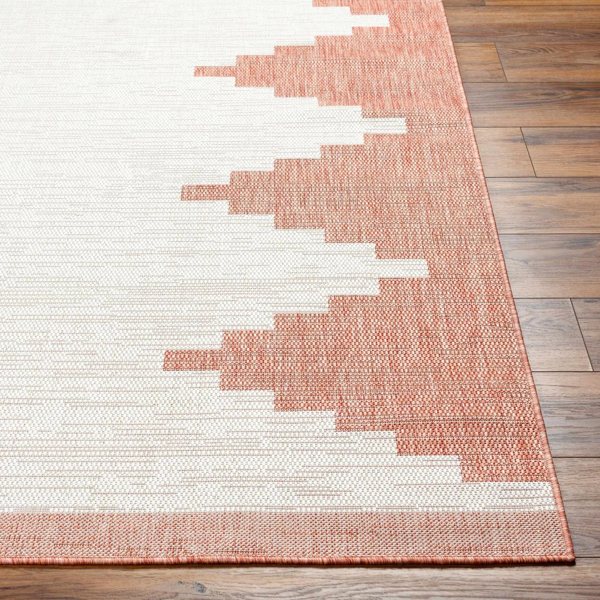 Djugun Peach Fuzz Indoor & Outdoor Area Rug by Boutique Rugs, peach border on wood floor on Tampa Home & Garden Store