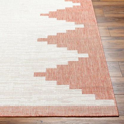 Djugun Peach Fuzz Indoor & Outdoor Area Rug by Boutique Rugs, peach border on wood floor on Tampa Home & Garden Store