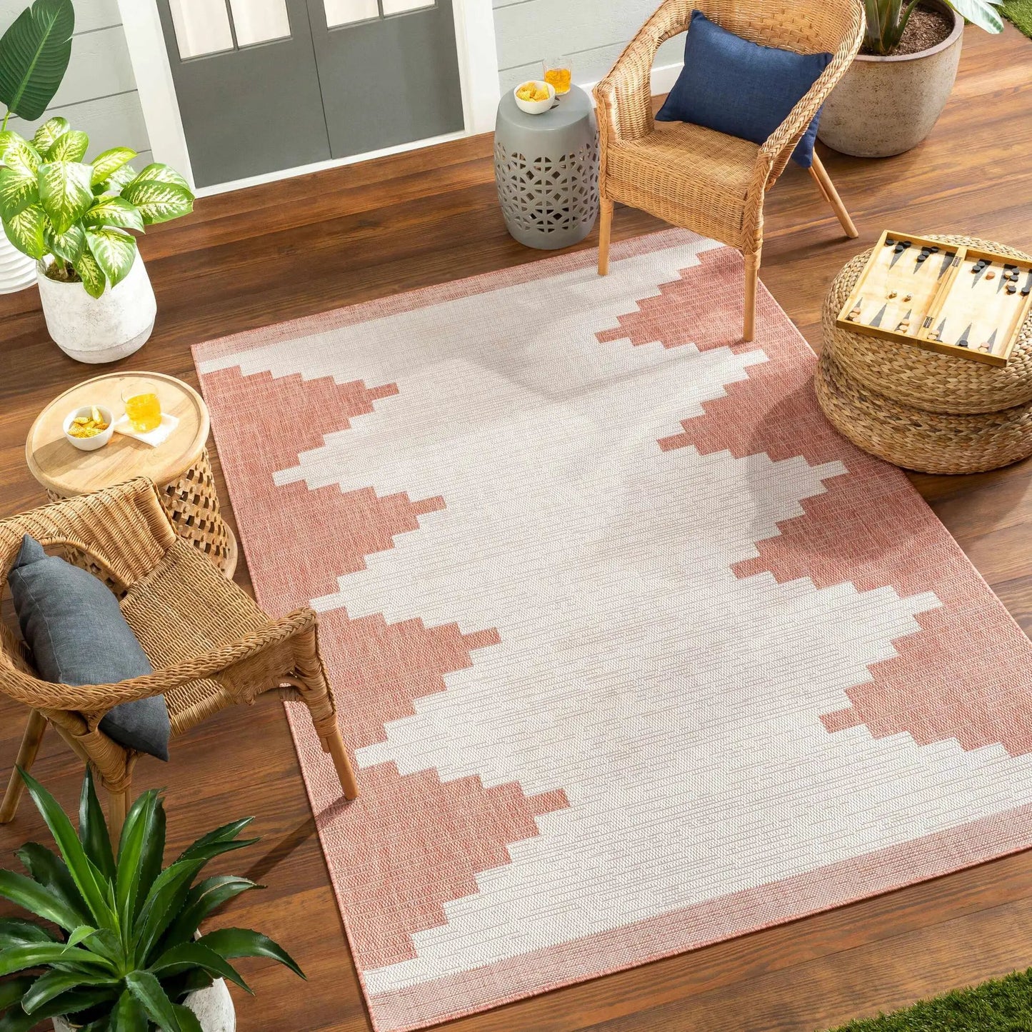 Djugun Peach Fuzz indoor outdoor rug with peach zigzag border on beige field Boutique Rugs on Tampa Home & Garden Store