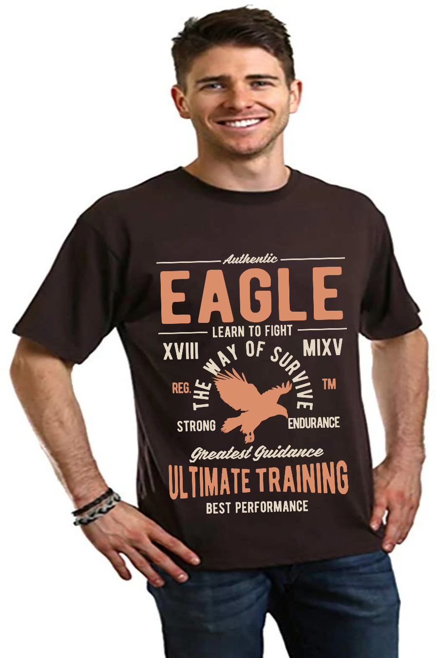 Men's Spun Bamboo Eagle graphic T-shirt in brown with orange EAGLE lettering and eagle motif on Tampa Home & Garden Store