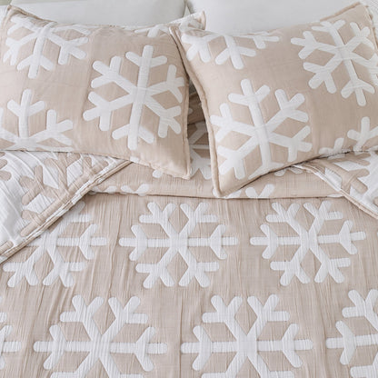Matelassé Snowflake Quilt Set by Great Bay Home, beige quilt with white snowflakes, 2 shams on Tampa Home & Garden Store