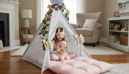 Play Set Easter Bunny Sleepover Gift & Lace Teepee Tent in white lace with pink cushions on Tampa Home & Garden Store