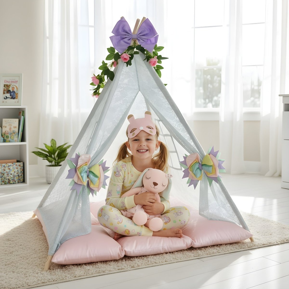 Easter Bunny Sleepover Gift Set & Lace Teepee Play Tent Bundle with pastel decor and plush bunny on Tampa Home & Garden Store