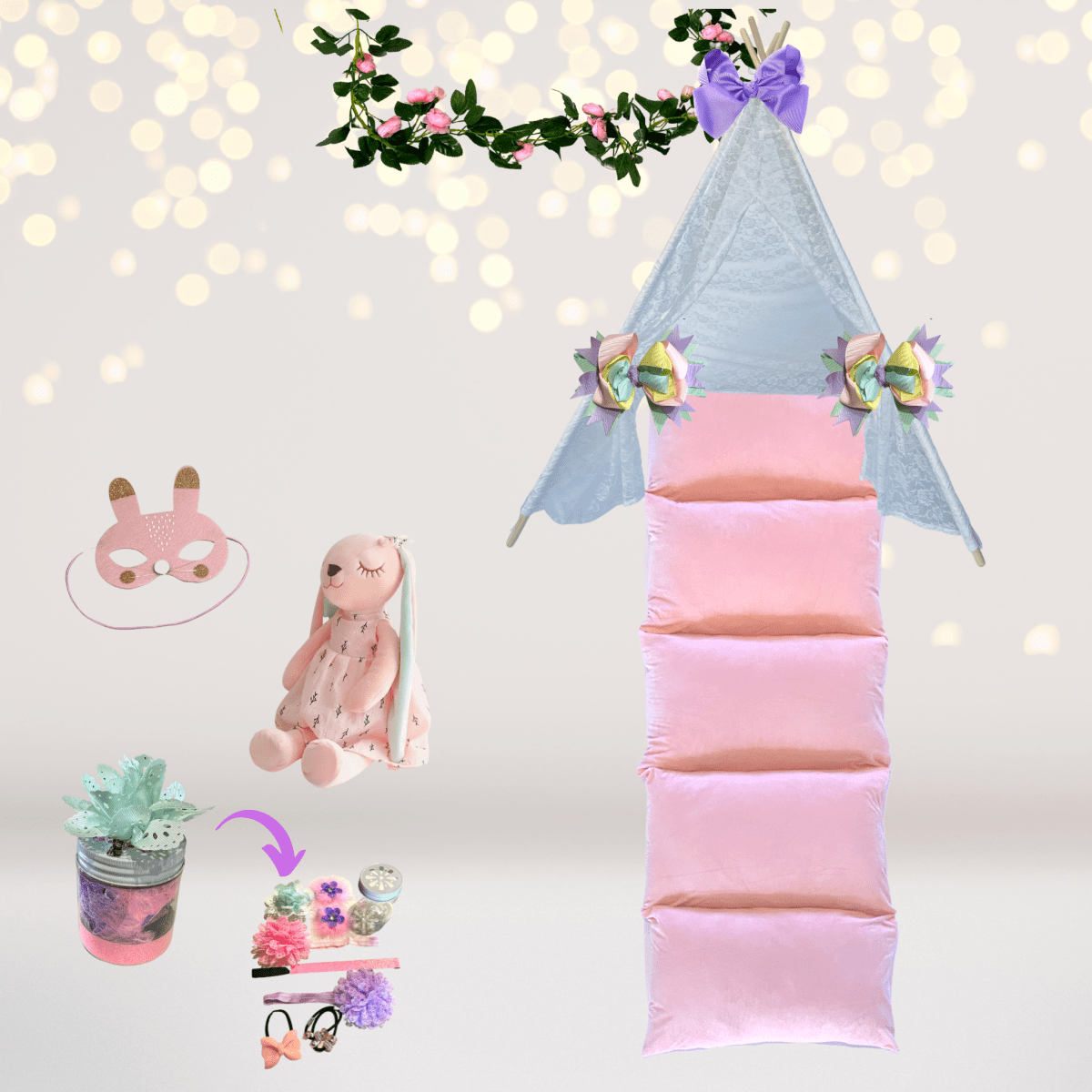 Easter Bunny Gift Set teepee with pink cushions and blue canopy bunny plush on Tampa Home & Garden Store