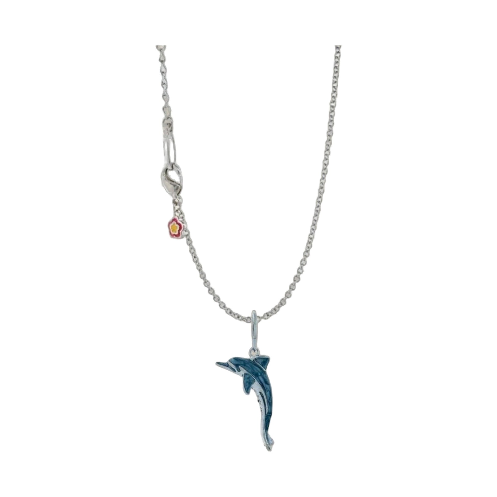 Eau Dolphin Pendant Necklace with blue dolphin charm and pink enamel flower charm on silver chain on Tampa Home & Garden Store