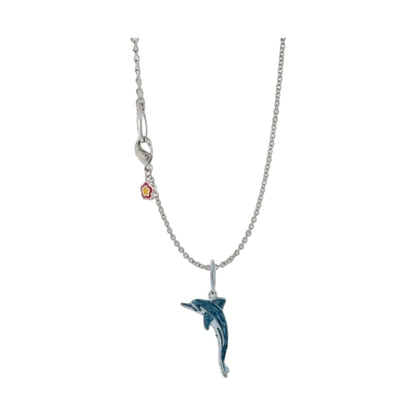 Eau Dolphin Pendant Necklace with blue dolphin charm and pink enamel flower charm on silver chain on Tampa Home & Garden Store