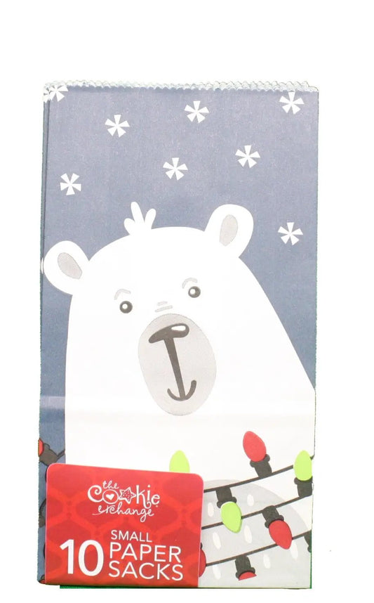 Polar Bear paper treat sacks 10-pack with white bear design, The Cookie Exchange branding on Tampa Home & Garden Store