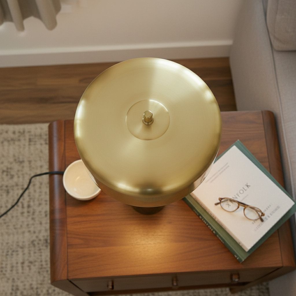 Small Modern Stylish Desk Lamp gold brass finish with round disc shade on wooden side table on Tampa Home & Garden Store