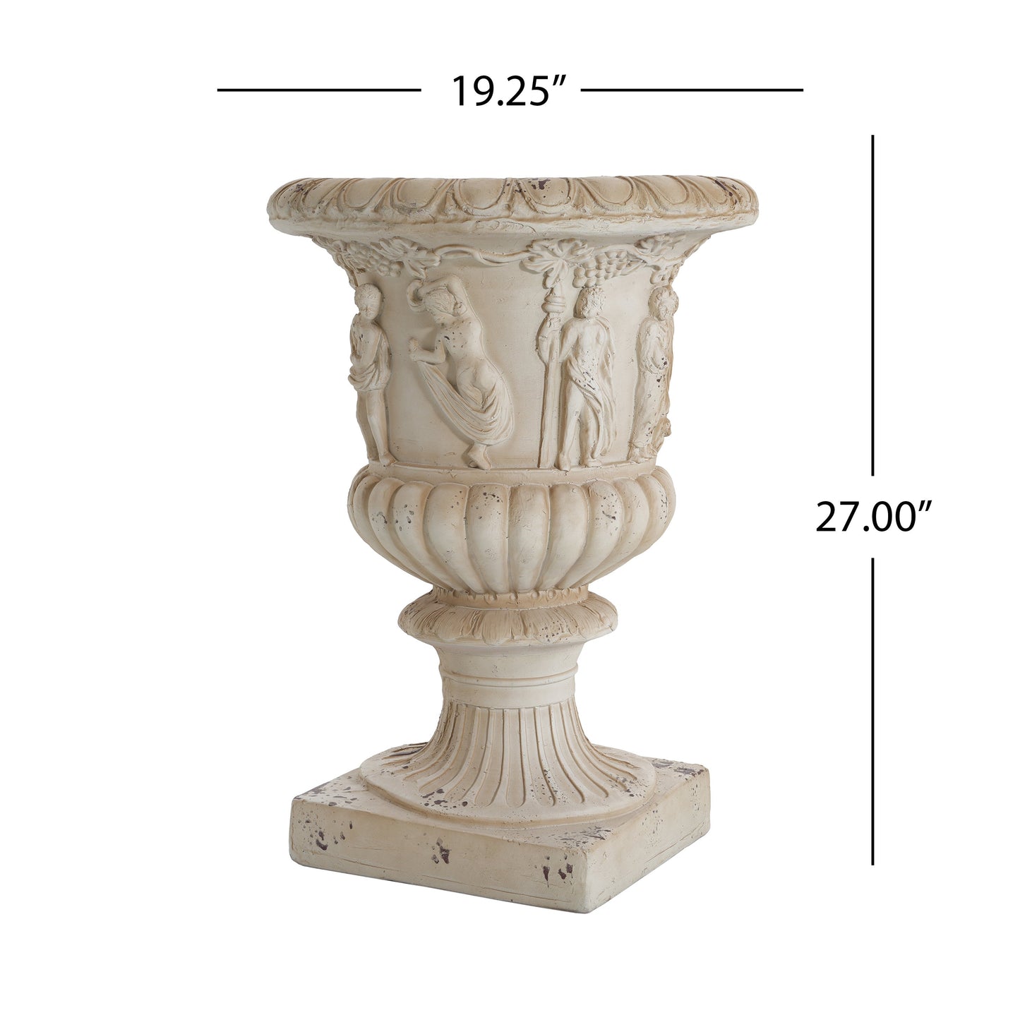 Garden urn antique white 27 in tall with classical figures and grapevine relief on Tampa Home & Garden Store