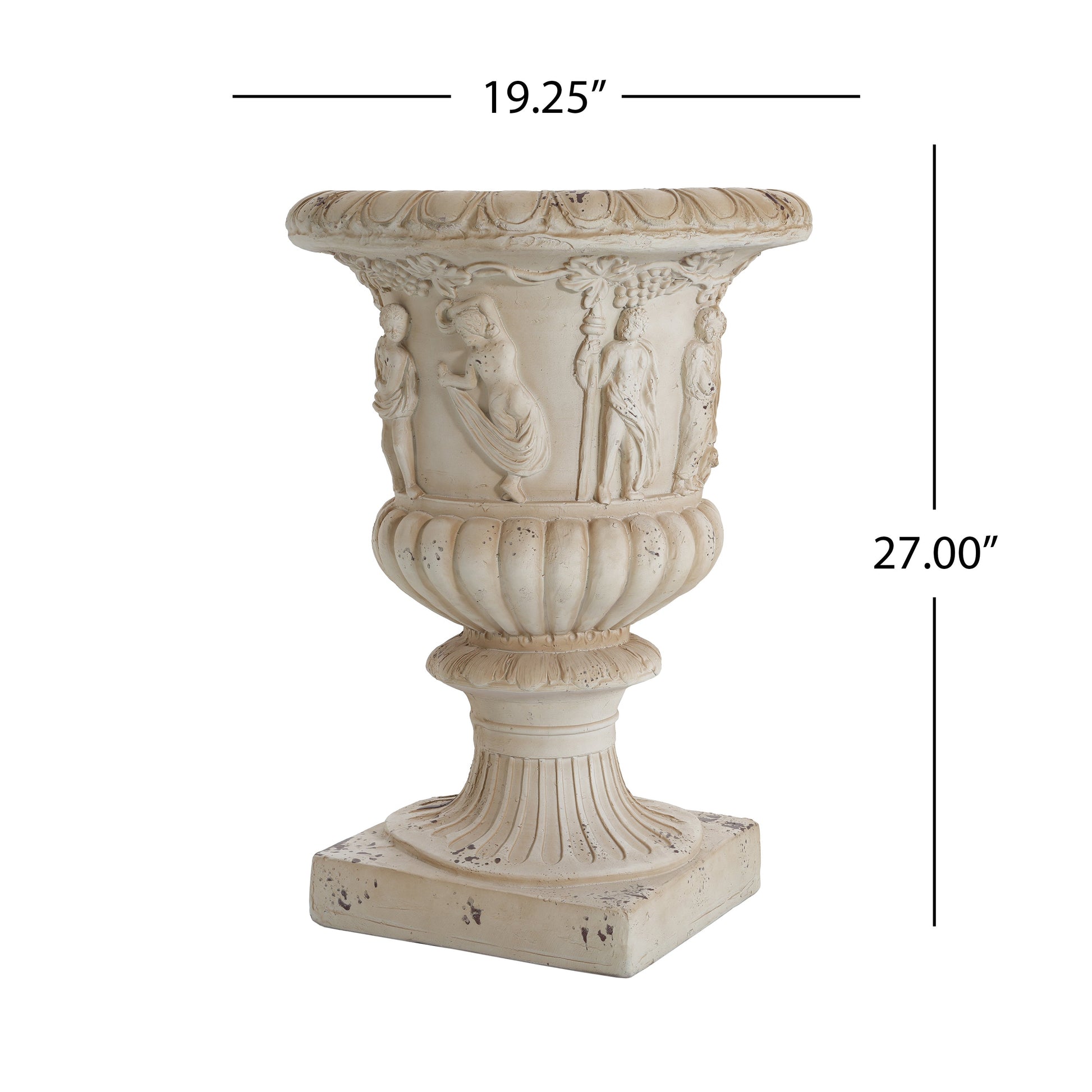 Garden urn antique white 27 in tall with classical figures and grapevine relief on Tampa Home & Garden Store