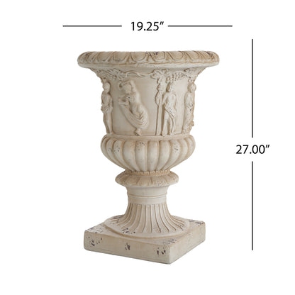 Garden urn antique white 27 in tall with classical figures and grapevine relief on Tampa Home & Garden Store