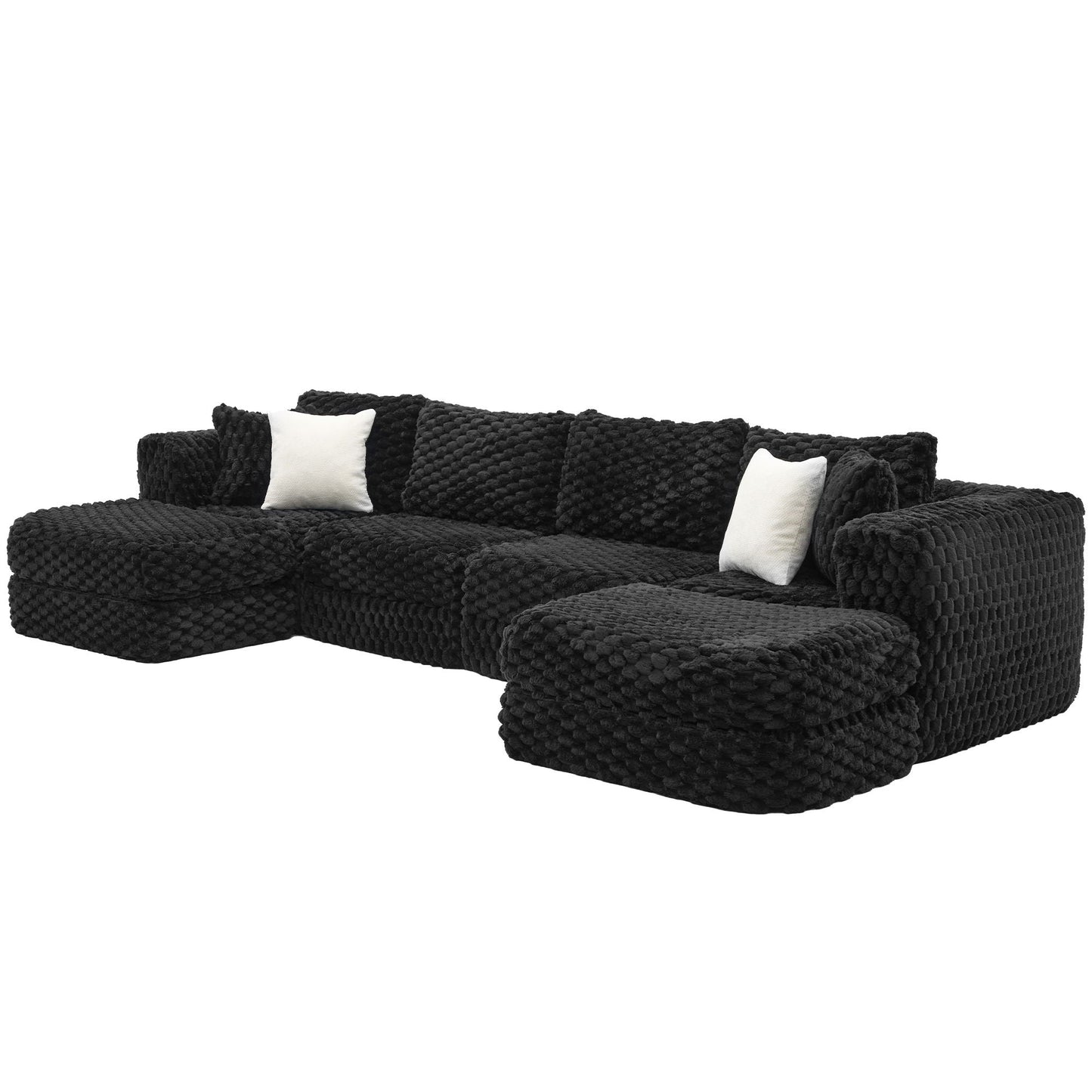 Modular sectional sofa by HouseOfZazla in black chunky knit fabric with 2 movable ottomans on Tampa Home & Garden Store