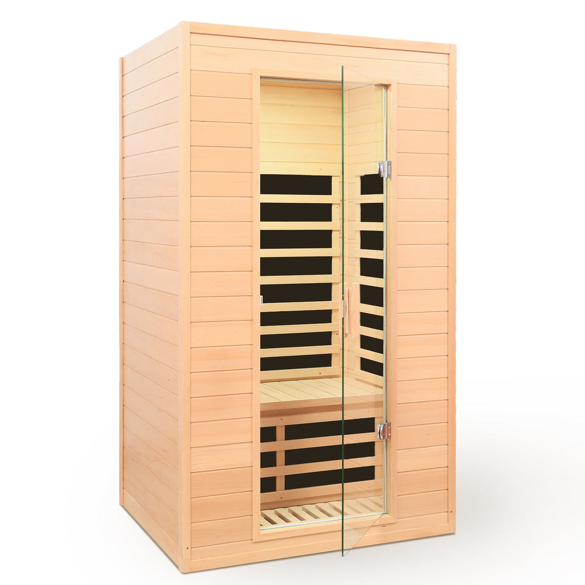 Hemlock Far Infrared Indoor Sauna with LCD controls light brown wood glass door HouseOfZazla on Tampa Home & Garden Store
