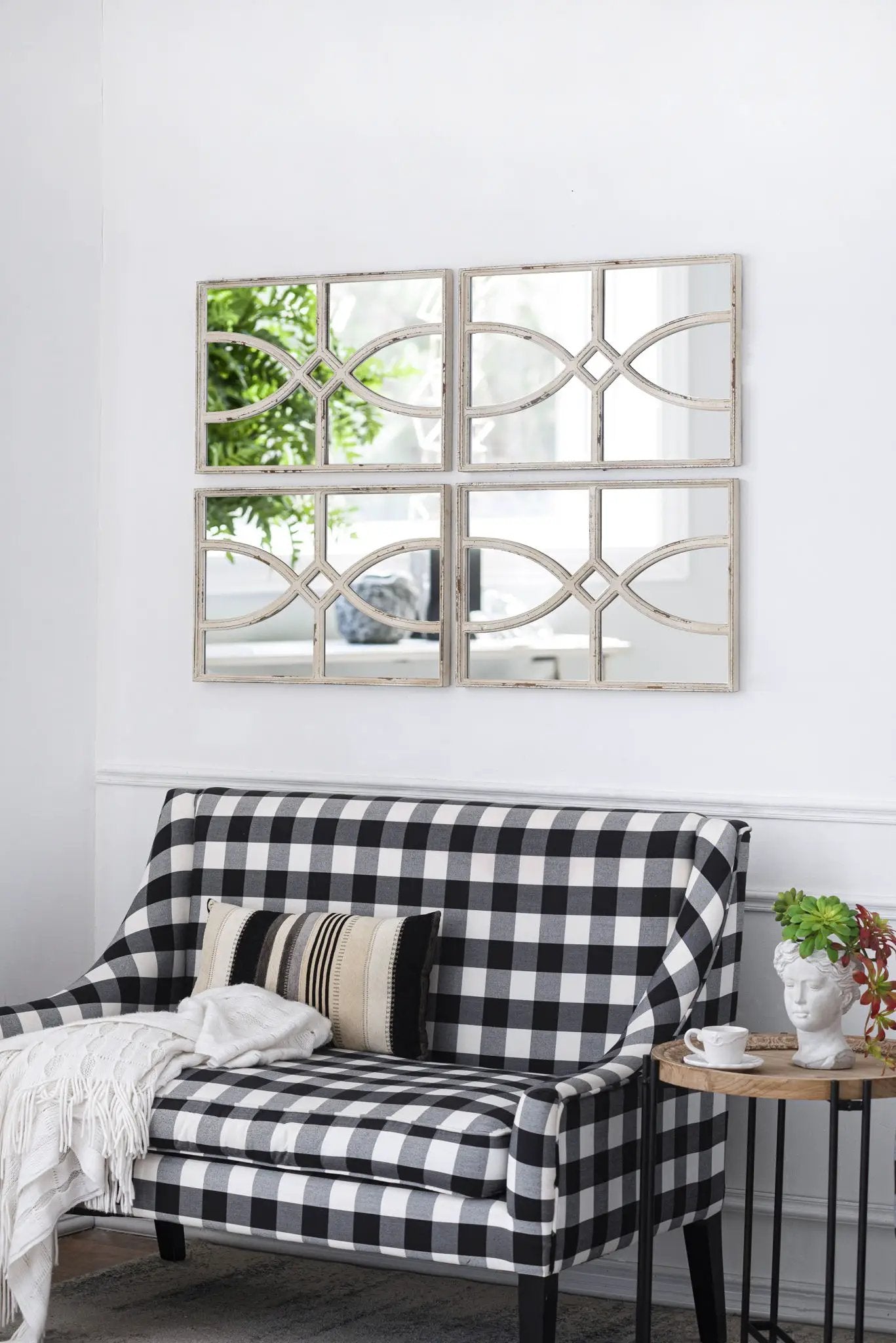 Rectangular wooden wall mirror set of 2 in antique distressed white frames 2x2 grid on Tampa Home & Garden Store