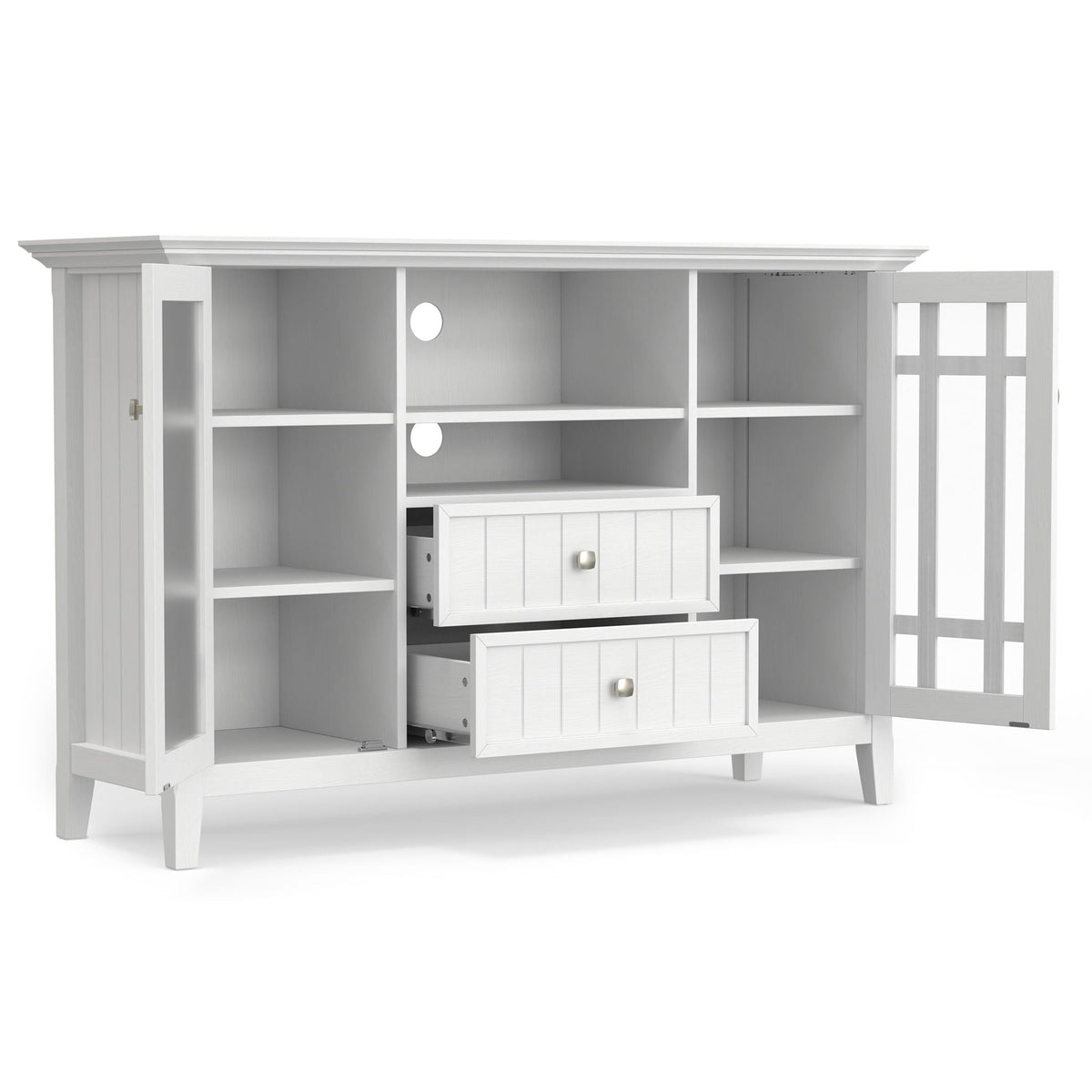 White solid-wood tall TV media stand with open shelves and two drawers by HouseOfZazla on Tampa Home & Garden Store