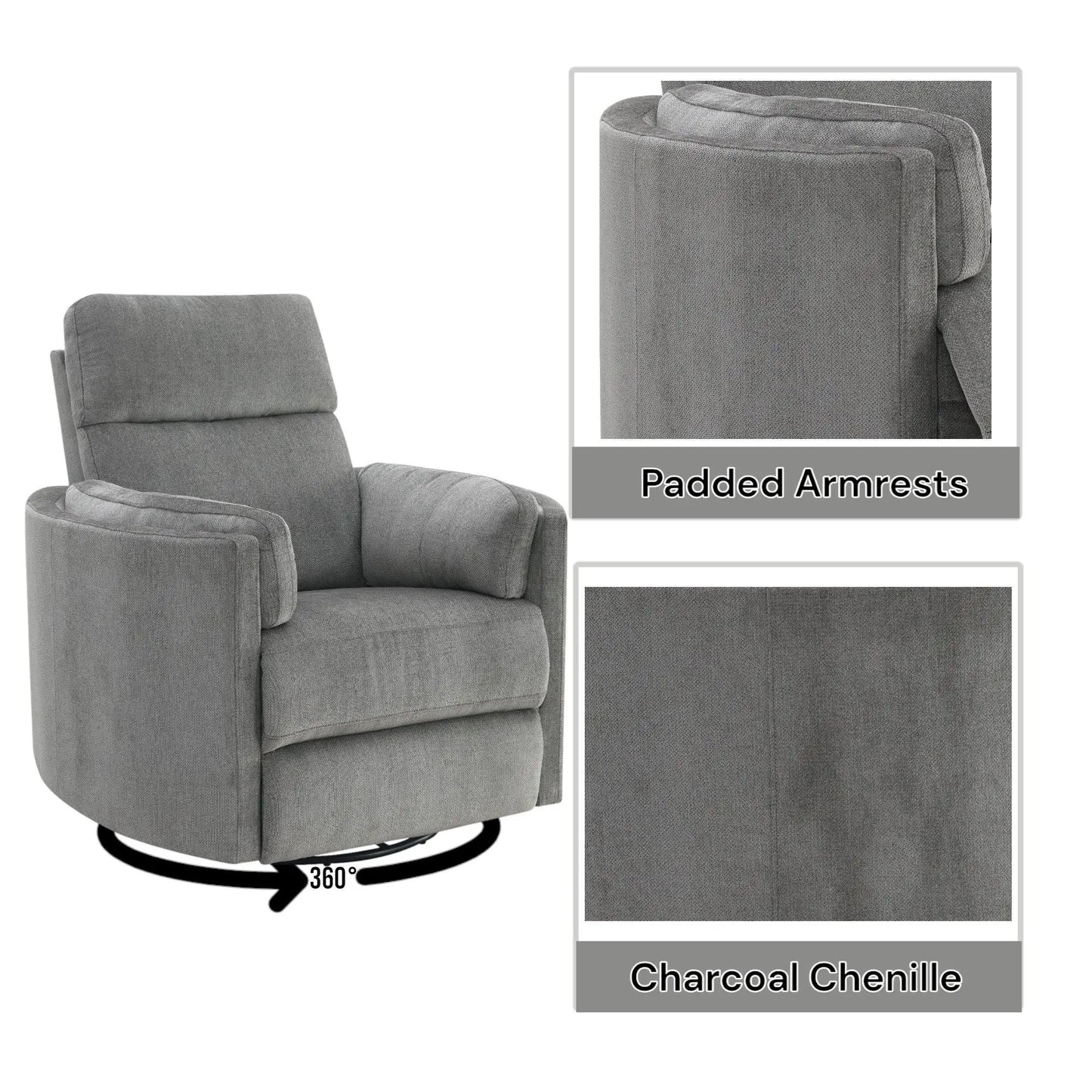 Sagen Swivel Glider Chair in charcoal chenille with padded armrests by Unique Piece Furniture on Tampa Home & Garden Store
