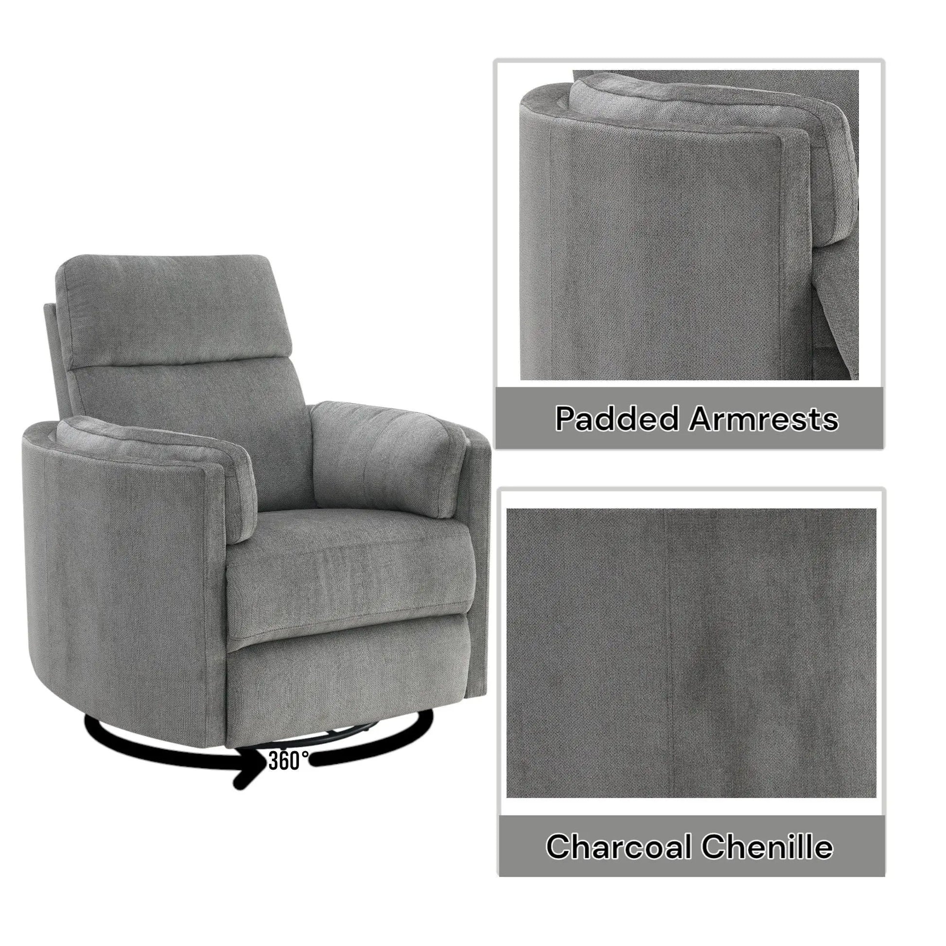 Sagen Swivel Glider Chair in charcoal chenille with padded armrests by Unique Piece Furniture on Tampa Home & Garden Store
