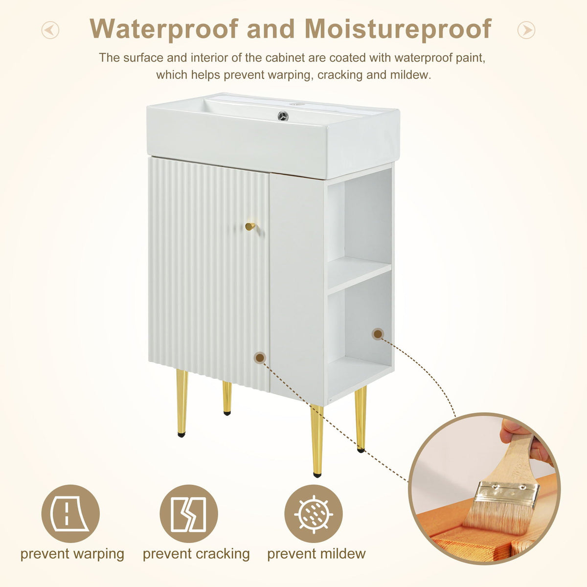Bathroom vanity with single ceramic sink, gray ribbed cabinet, side open storage and gold legs on Tampa Home & Garden Store