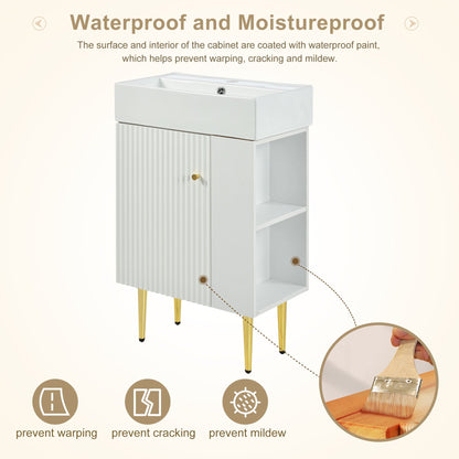 Bathroom vanity with single ceramic sink, gray ribbed cabinet, side open storage and gold legs on Tampa Home & Garden Store