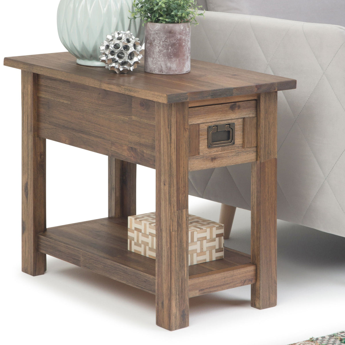 Monroe solid acacia side table with drawer and lower shelf in warm brown wood on Tampa Home & Garden Store