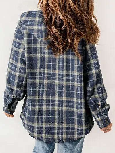 Plaid Snap Down Plush Hooded Jacket Women Warm