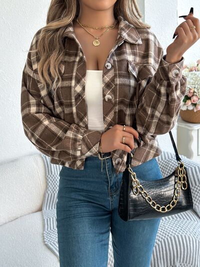 Stevvex brown plaid button-up long sleeve jacket for women, cropped cozy style on Tampa Home & Garden Store