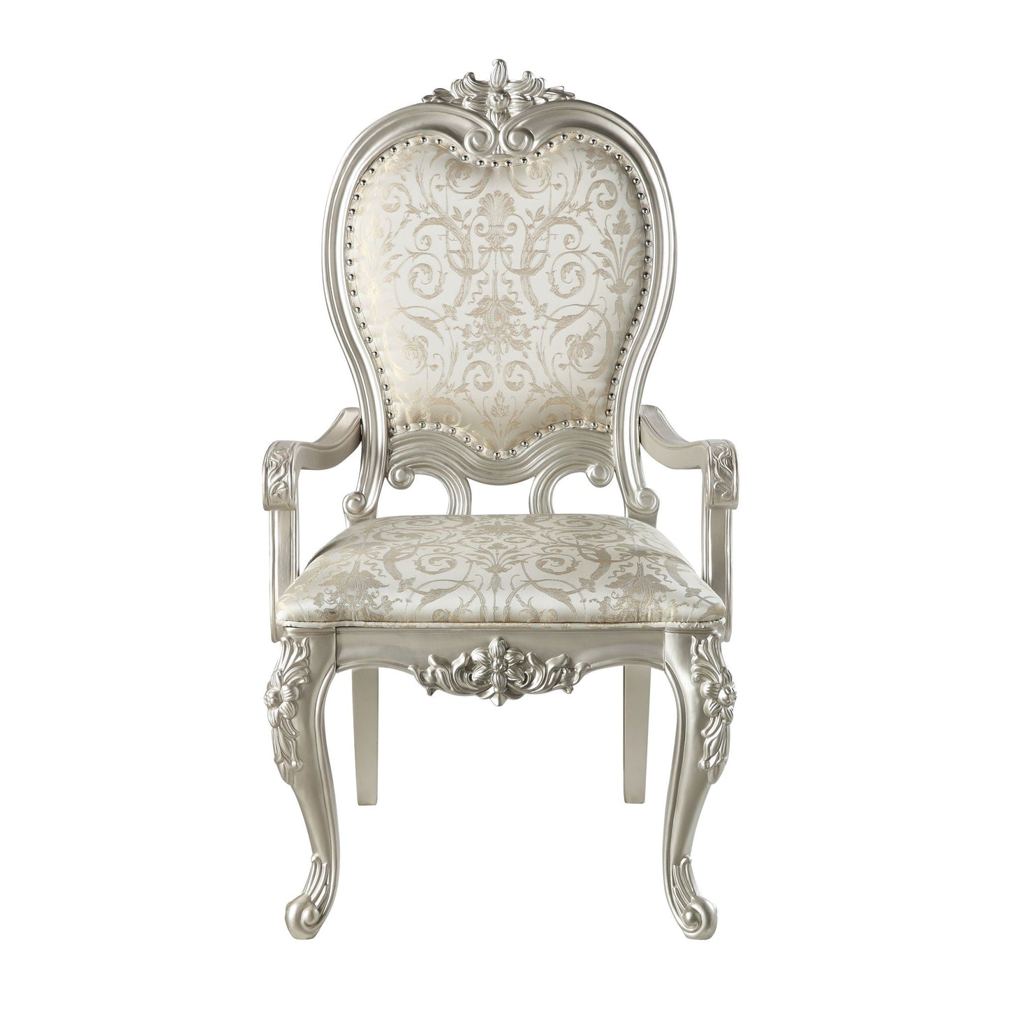 Bently arm chair set of 2, champagne finish with damask upholstery and ornate carved frame on Tampa Home & Garden Store