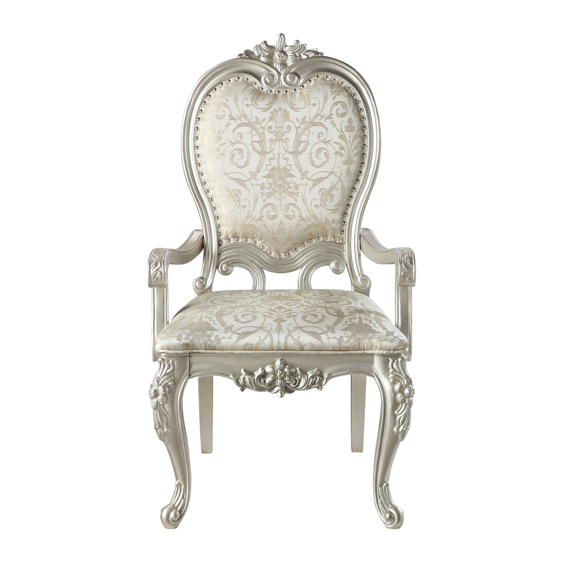 Bently arm chair set of 2, champagne finish with damask upholstery and ornate carved frame on Tampa Home & Garden Store