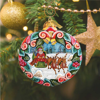 Sleigh Ride Sculpted Ornament by G. DeBrekht with Santa and reindeer in a border on Tampa Home & Garden Store