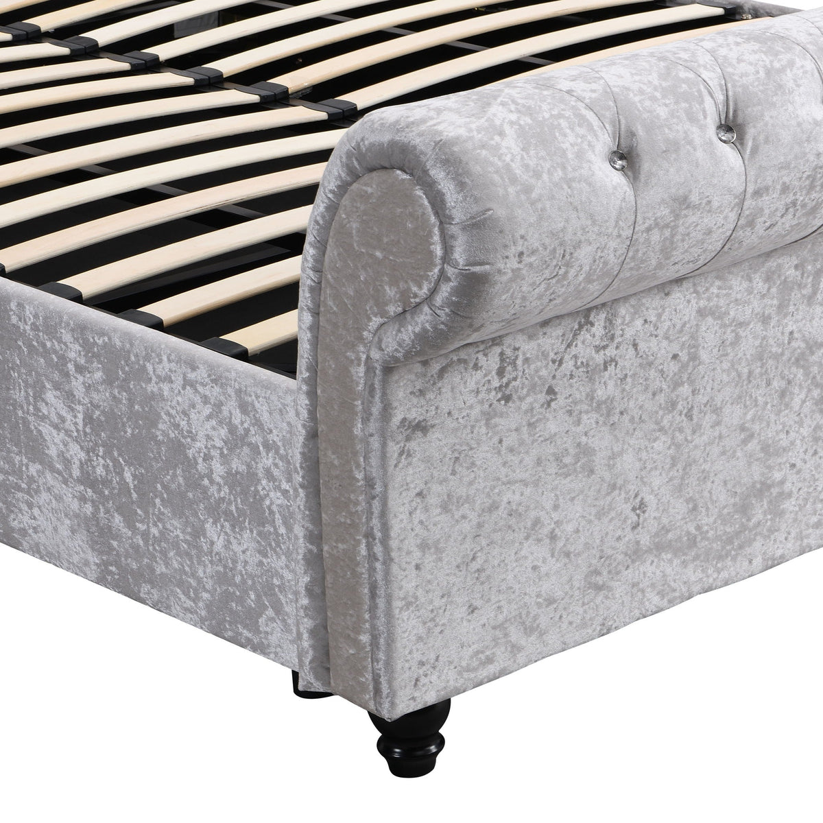 Hartfried queen size upholstered storage bed beige fabric with tufted footboard and slat frame on Tampa Home & Garden Store