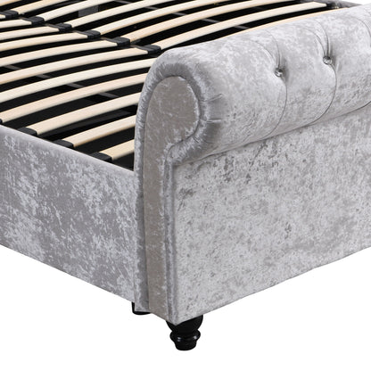Hartfried queen size upholstered storage bed beige fabric with tufted footboard and slat frame on Tampa Home & Garden Store