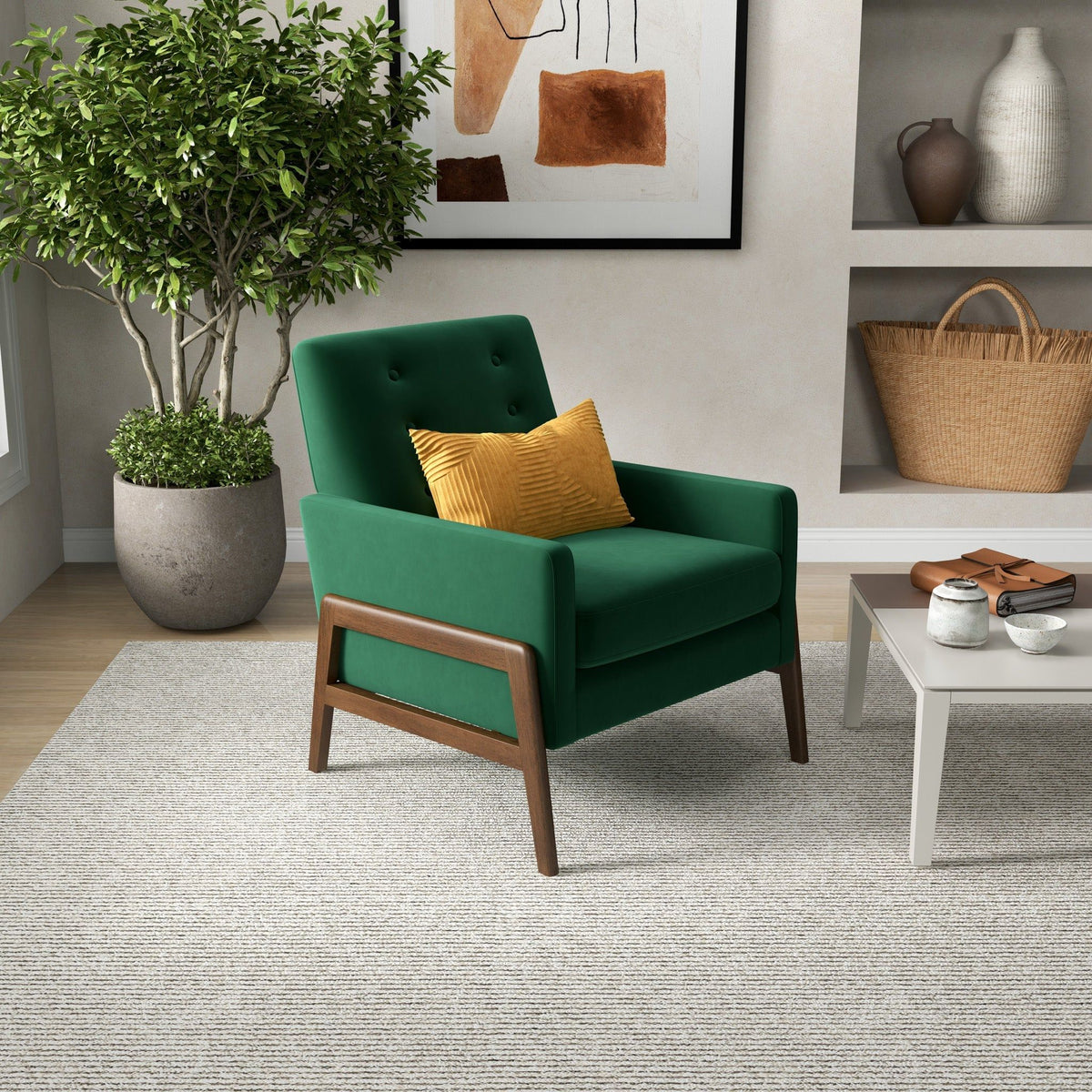 Cole Solid Wood Lounge Chair green upholstery with solid wood frame by HouseOfZazla on Tampa Home & Garden Store