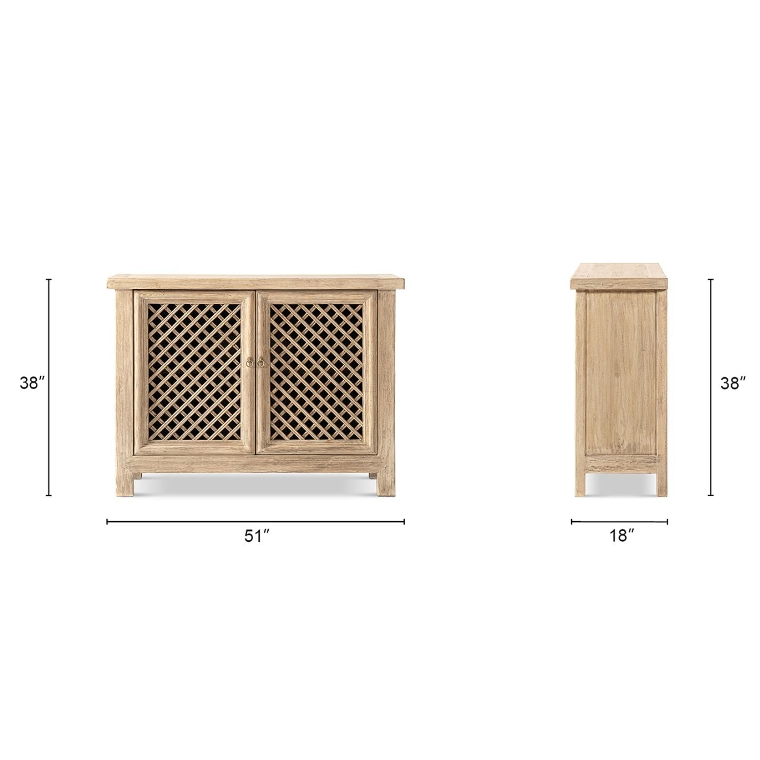 Arden natural wood 2-door accent cabinet with lattice doors, 51in wide, 18in cabinet set on Tampa Home & Garden Store