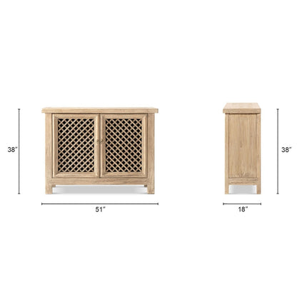 Arden natural wood 2-door accent cabinet with lattice doors, 51in wide, 18in cabinet set on Tampa Home & Garden Store