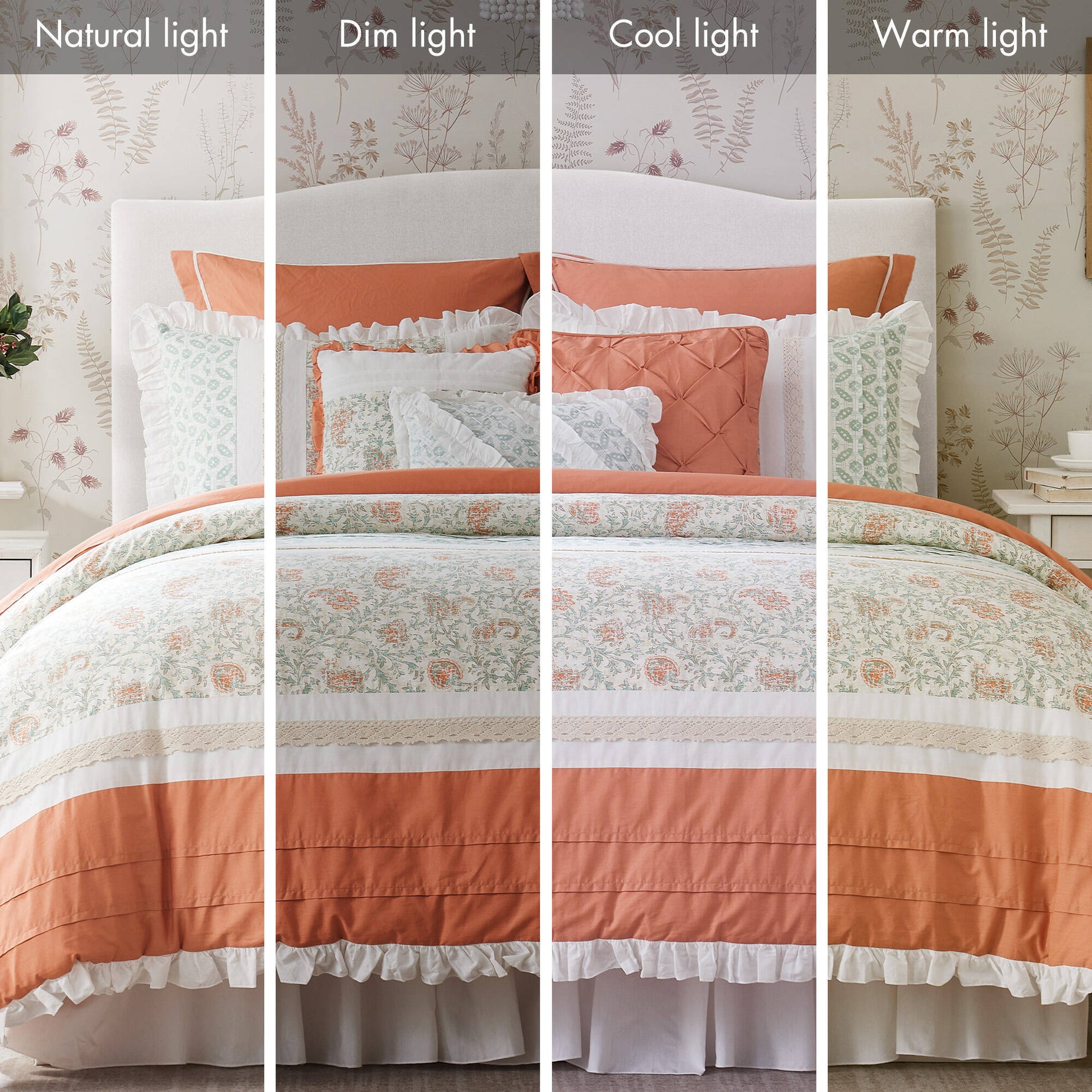 9-Piece coral queen cotton percale comforter set with white ruffle trim on bed with pillows on Tampa Home & Garden Store