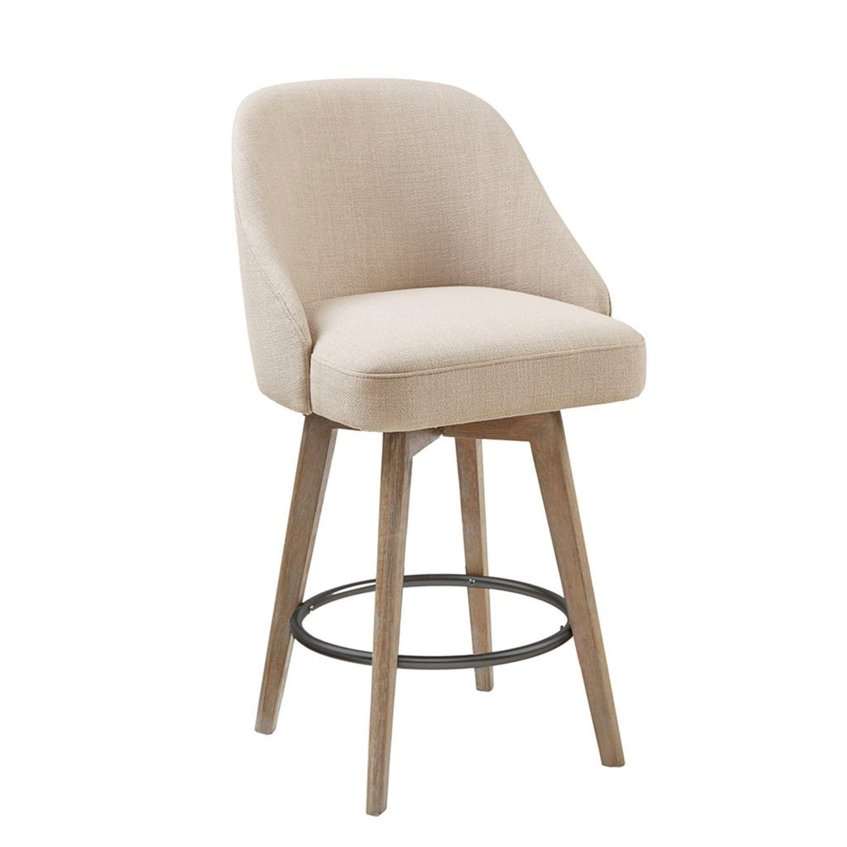 Counter height swivel stool beige textured fabric with solid wood legs and metal footrest on Tampa Home & Garden Store