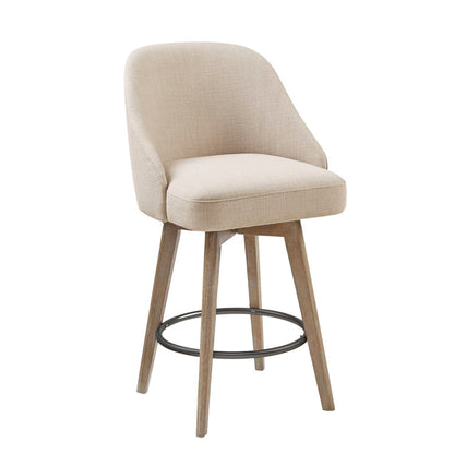 Counter height swivel stool beige textured fabric with solid wood legs and metal footrest on Tampa Home & Garden Store