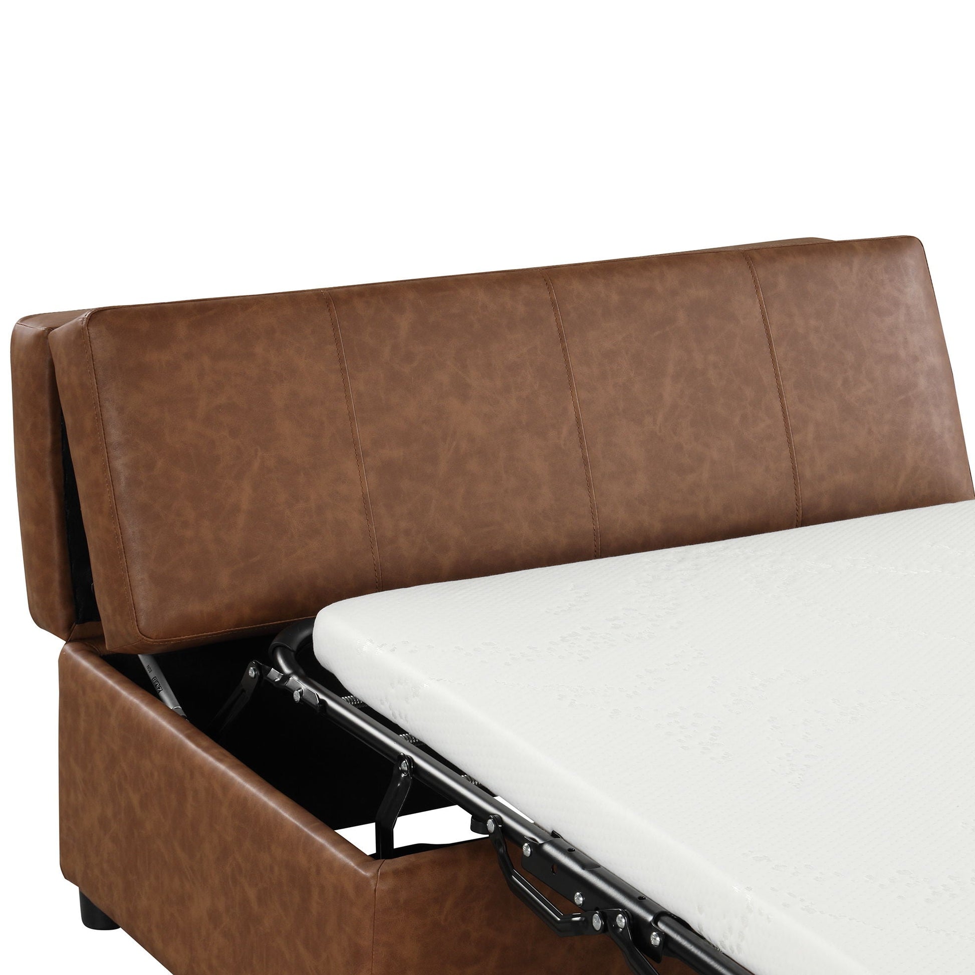 Twin size folding ottoman sleeper bed in brown leather with mattress exposed metal frame on Tampa Home & Garden Store