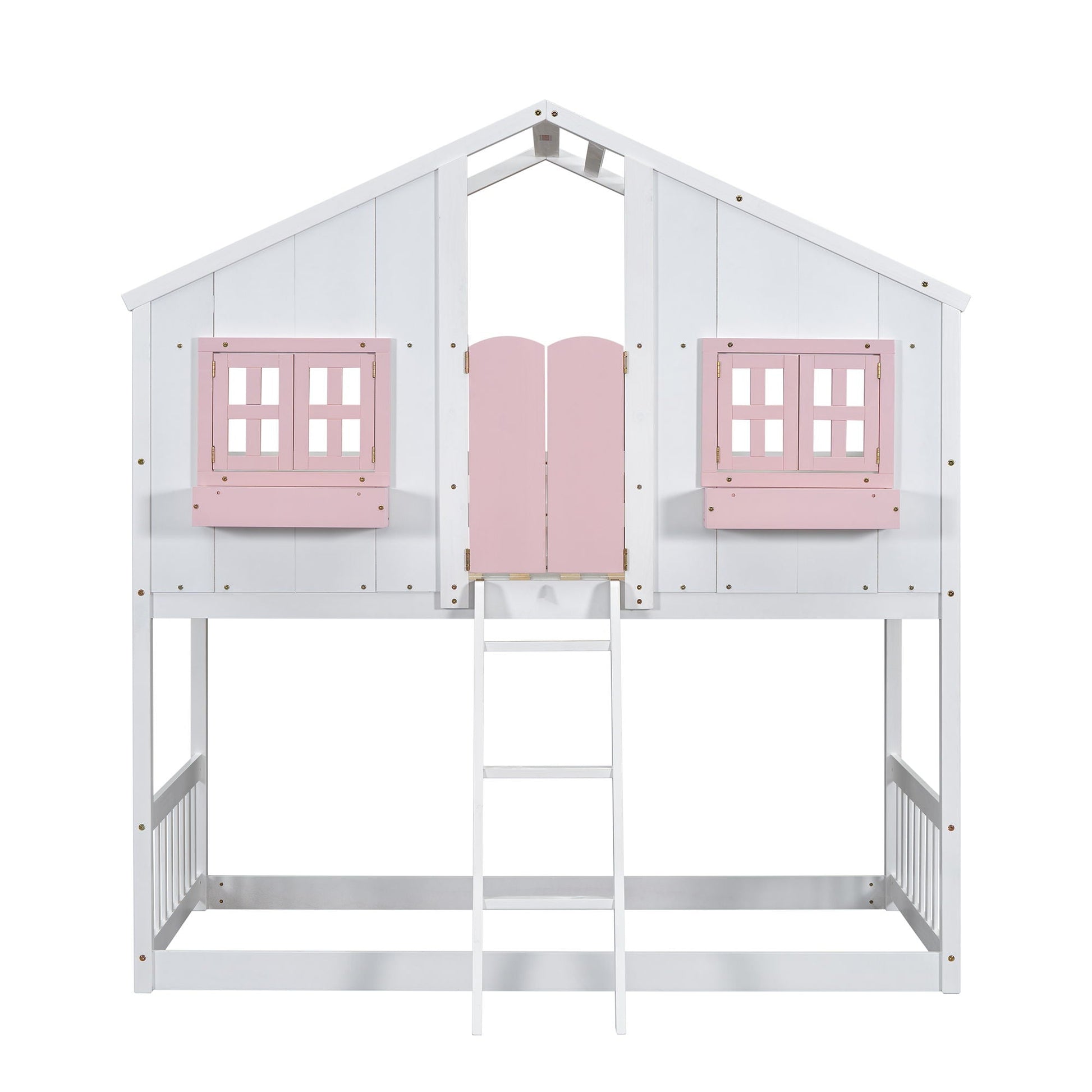 House bunk bed with roof and pink window boxes, white frame, ladder on Tampa Home & Garden Store