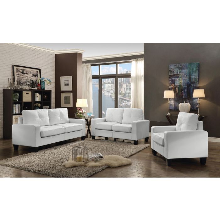 Track Arm Loveseat with Pocket Coil Comfort by HouseOfZazla, white faux leather stationary trio on Tampa Home & Garden Store