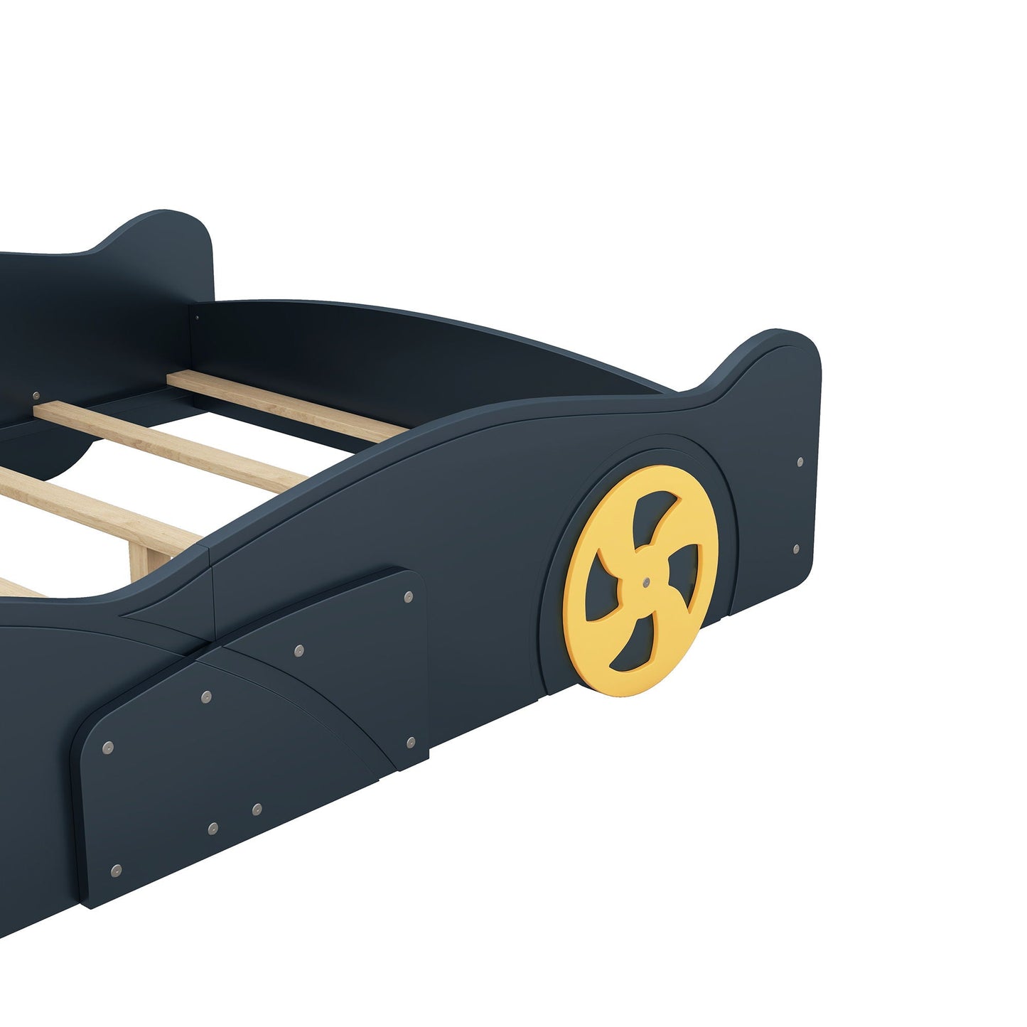 Race car shaped platform bed with wheels and storage, navy blue with wood slats on Tampa Home & Garden Store