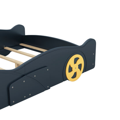 Race car shaped platform bed with wheels and storage, navy blue with wood slats on Tampa Home & Garden Store