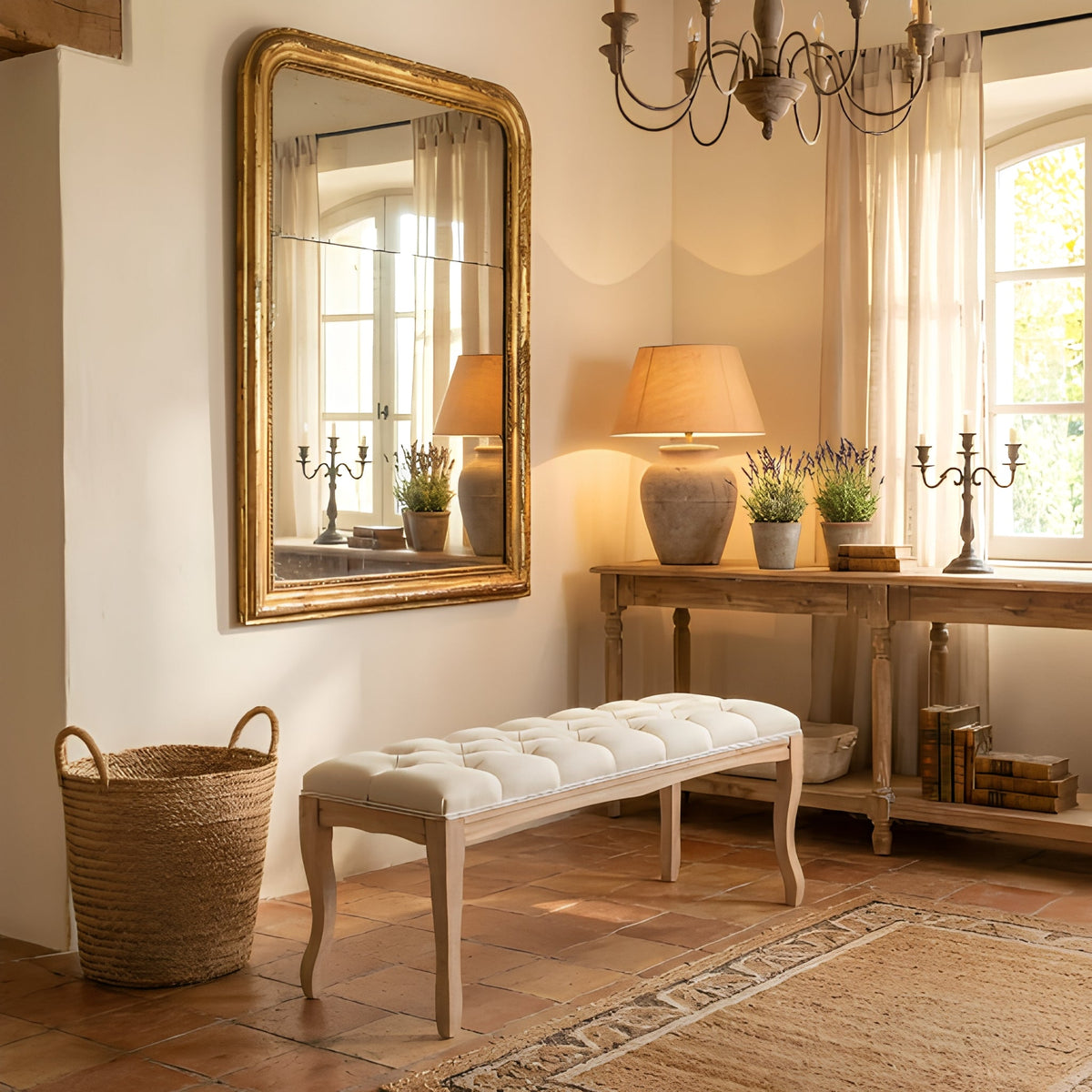 Bedroom bench French vintage tufted entryway bench with light wood legs and cream cushion on Tampa Home & Garden Store