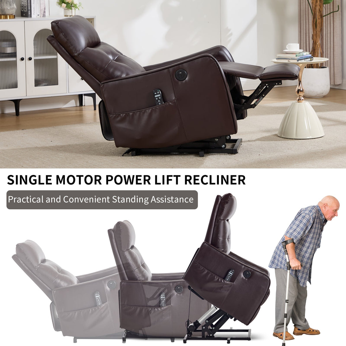 Brown PU leather single-motor power lift recliner with massage by HouseOfZazla on Tampa Home & Garden Store